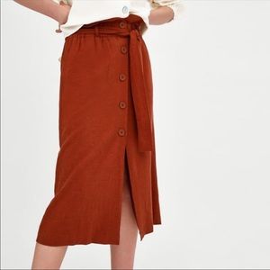 Zara rust terracotta linen midi skirt